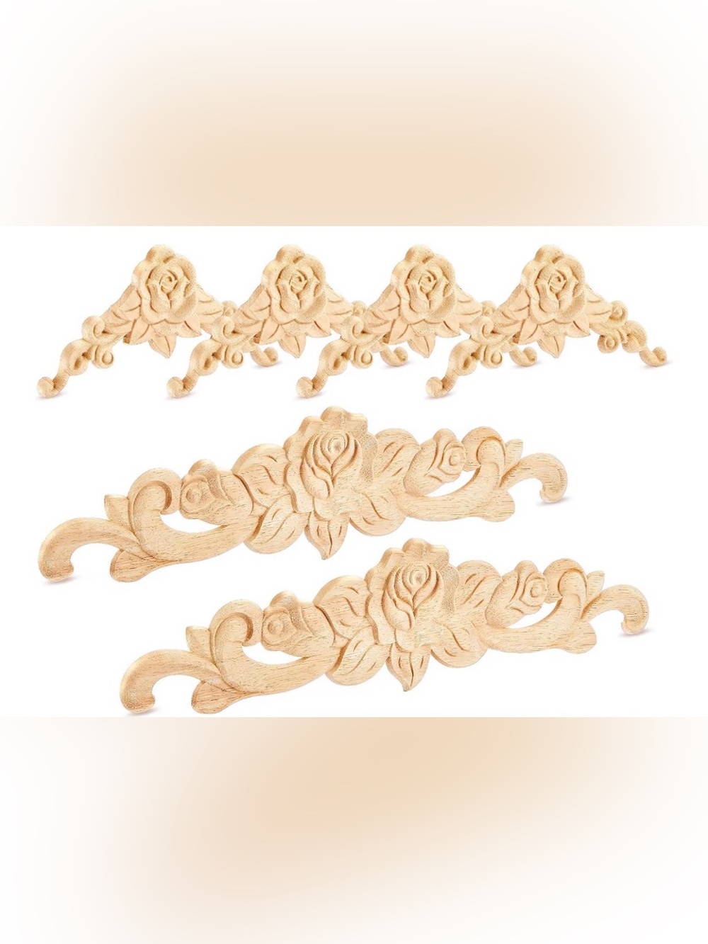 Carved Floral Applique Trim - Natural Wood Rose Design 5 pcs.